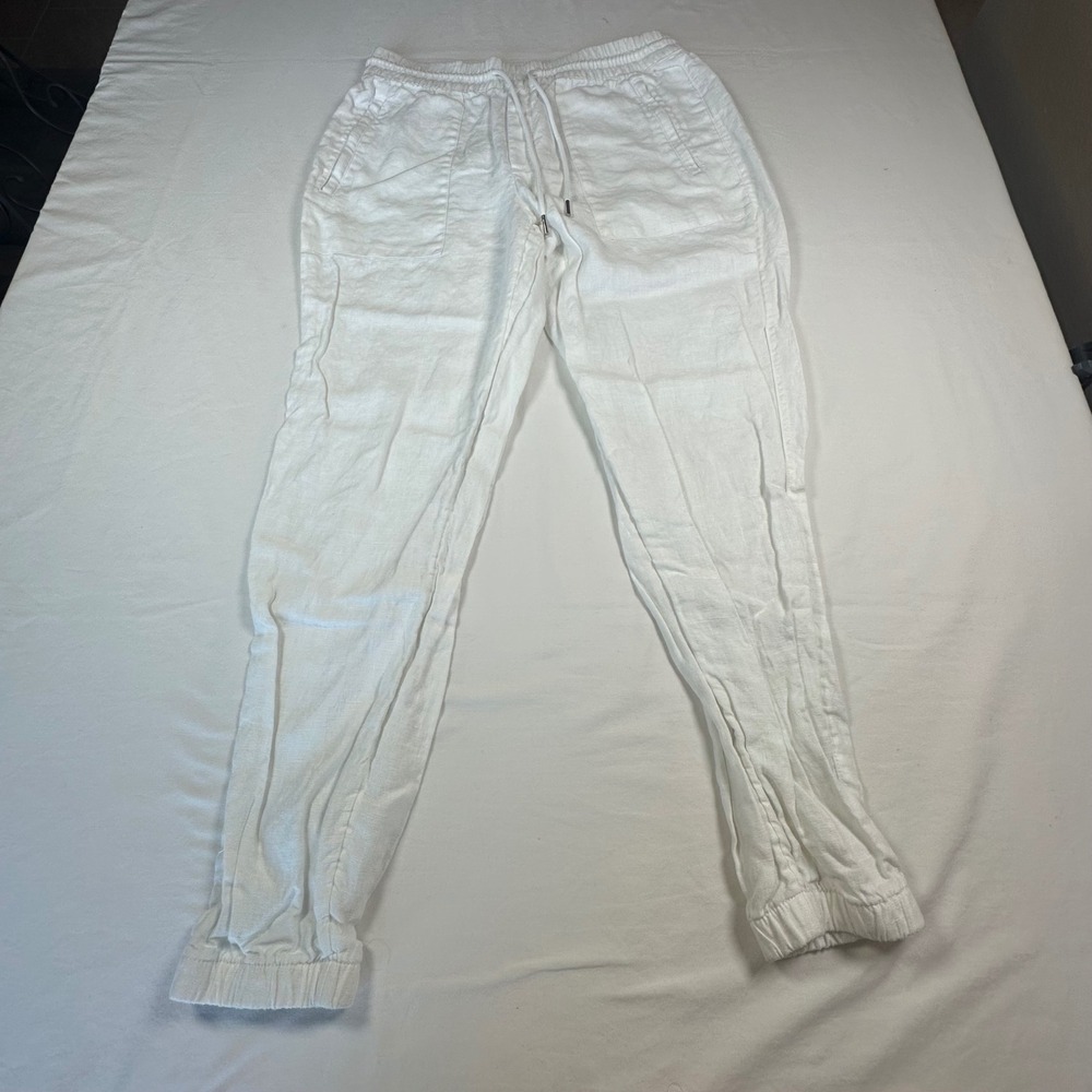 Athleta White Linen Blend Jogger Pants Drawstring Waist Elastic Cuffs Casual 4 - Picture 2 of 13